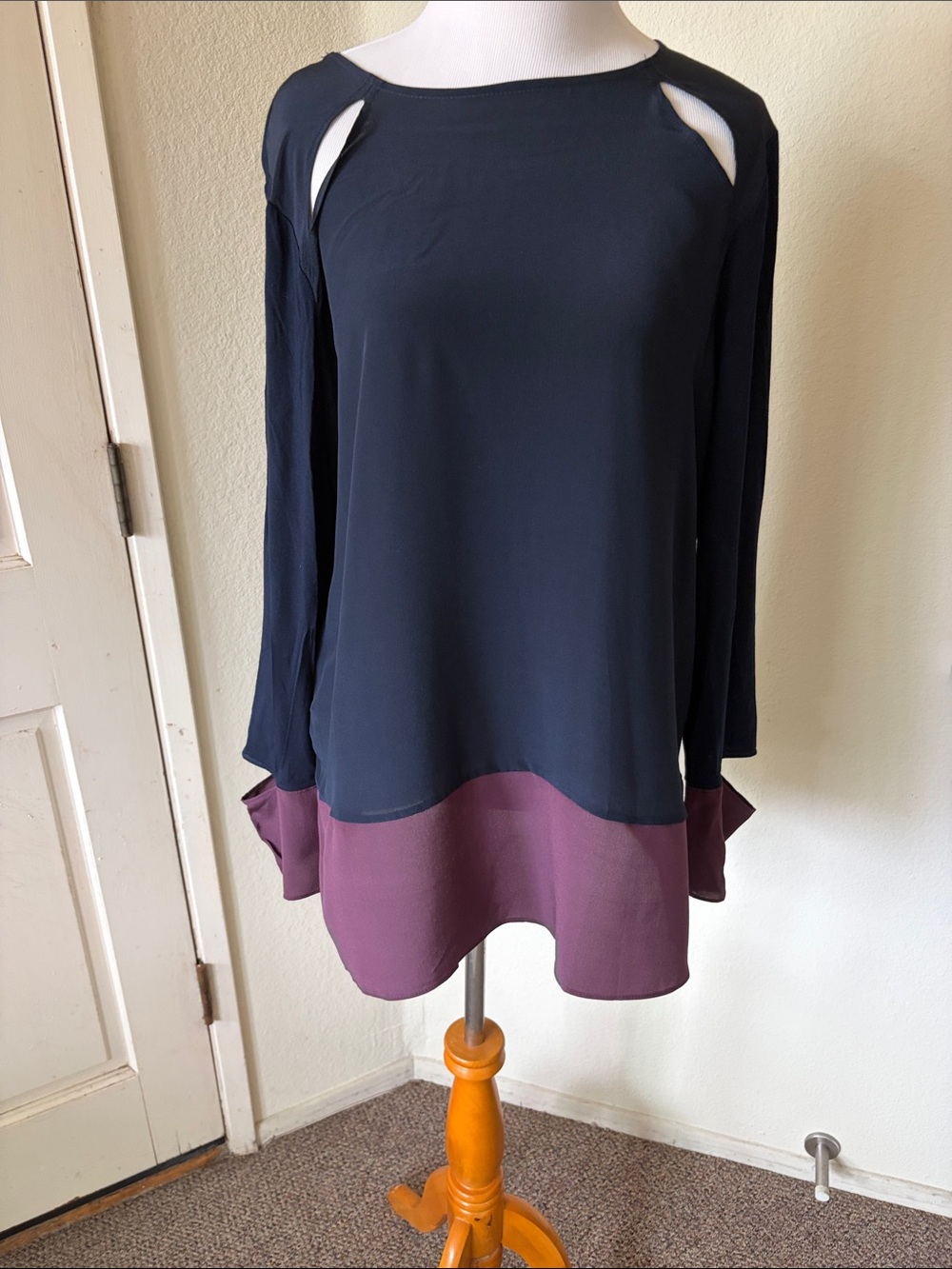 Bailey 44 women’s Two-Tone Long Sleeve silk Blouse in Navy and Plum